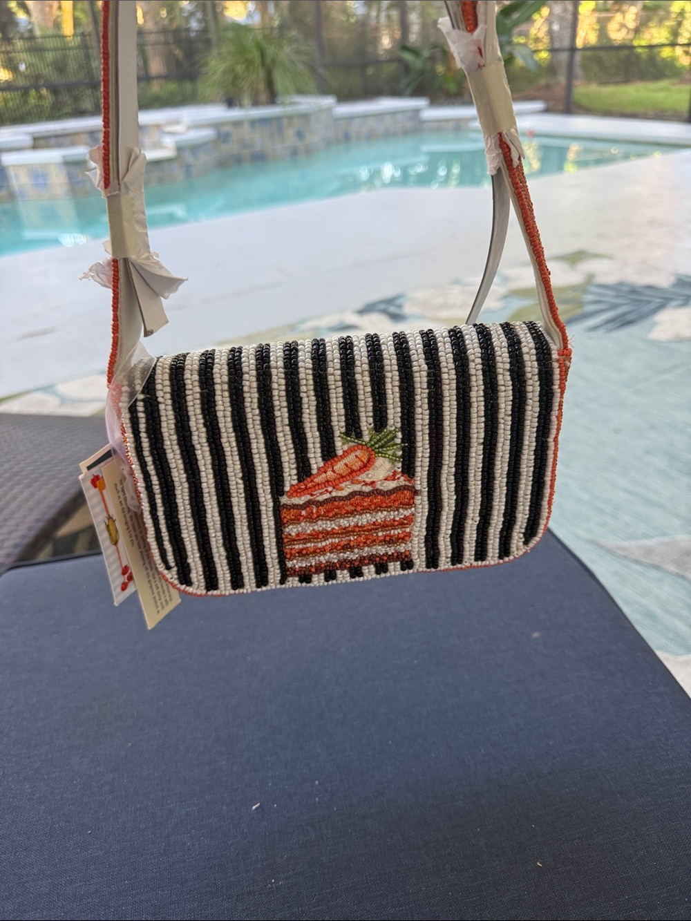 Black & White Striped Mini Crossbody with Orange Cake Embroidery